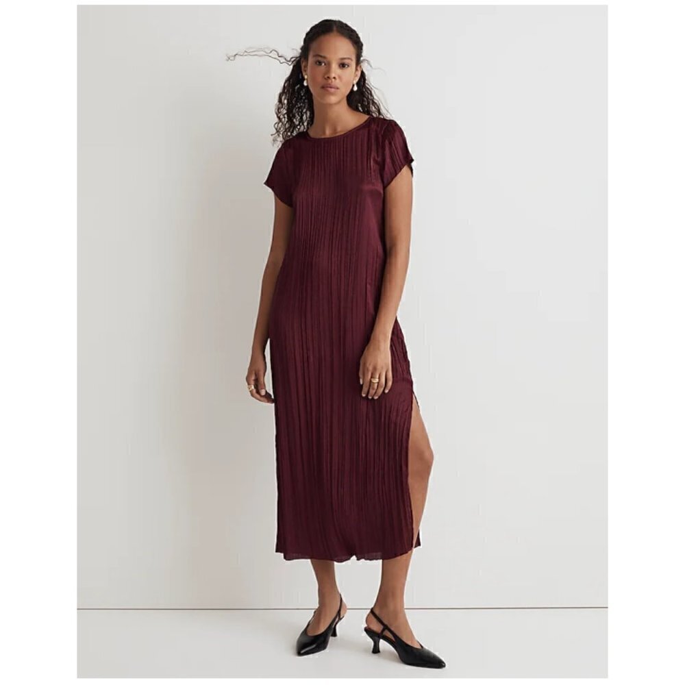 Madewell Short-Sleeve Slip Midi Dress in Plisse Mulberry Wine Size XXS